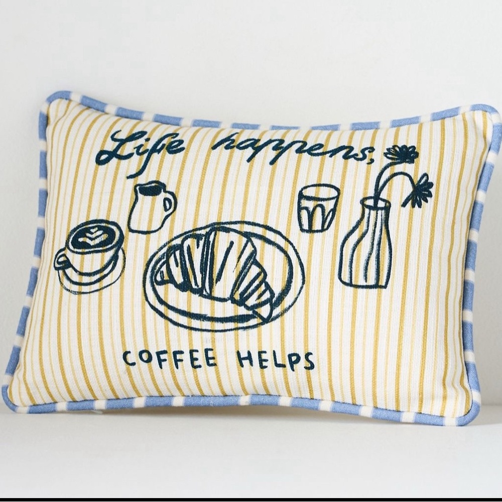 Anthropologie Life Happens Coffee Helps dduende studio Café Icon Cotton Pillow